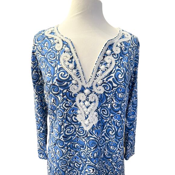 Lilly Pulitzer Blue and White Beaded Embellished Dress Sz Small - Picture 6 of 14